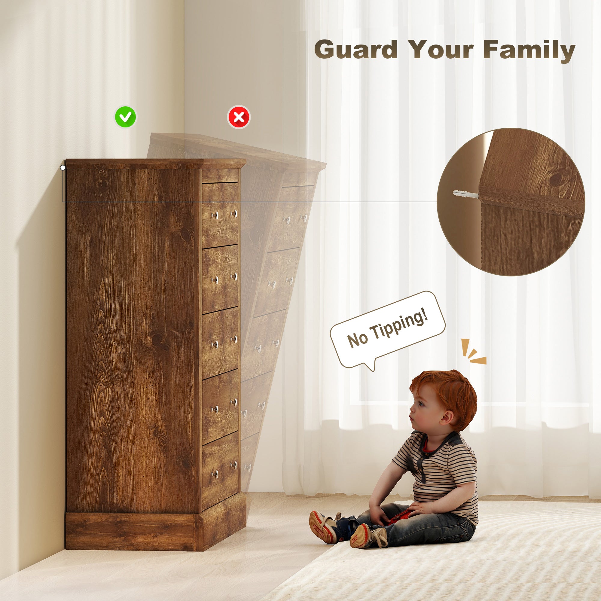 Cómoda de Granja Ancha de 31 Pulgadas con 5 Cajones, Mueble para Dormitorio con Superficie de Madera para Sala de Estar, Marrón