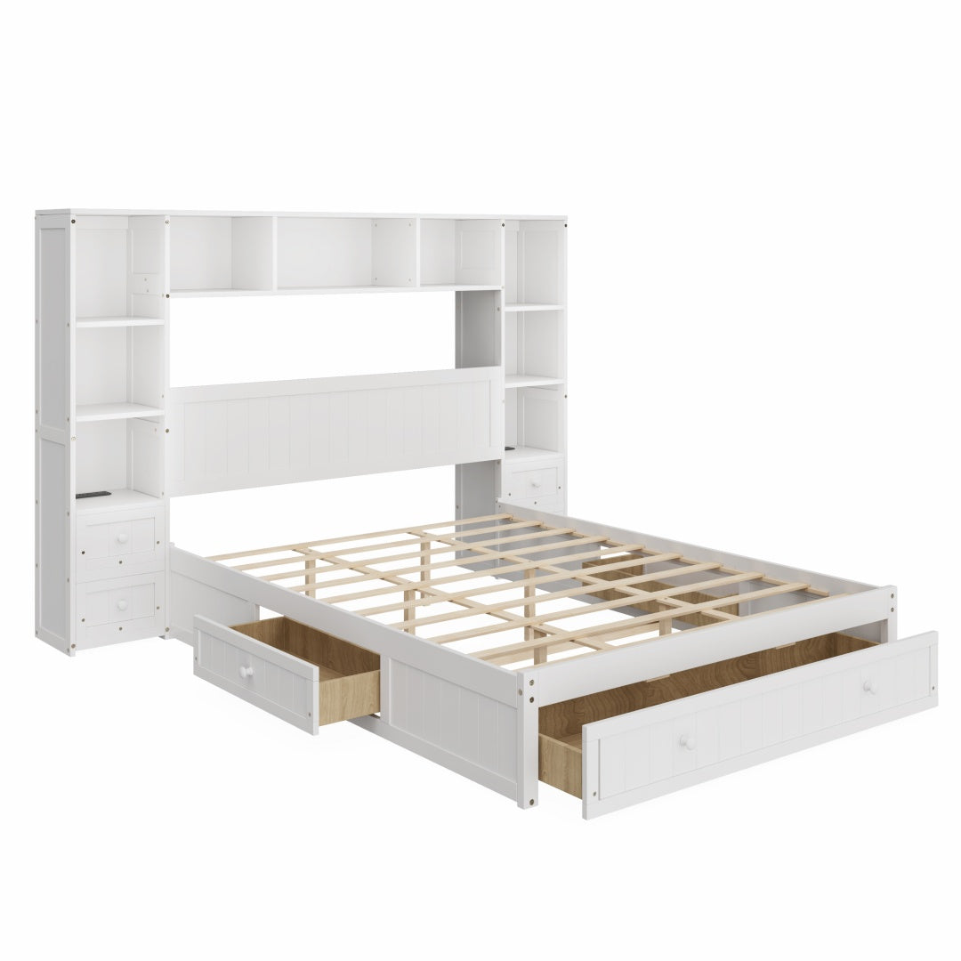 Königliche Größe Kiefernholz-Platform-Bett mit All-in-One 2 Nachttischen, Stauraum-Regal und Schrank-Bücherregal mit 2 Ladeeinrichtungen, Multifunktionales Kapitäns-Bettgestell mit 3 Schubladen, Kein Boxspring-Fundament erforderlich