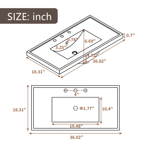 Lavabo de baño de 36 pulgadas con combinación de fregadero, gabinete de baño gris con cajones, marco sólido y tablero de MDF
