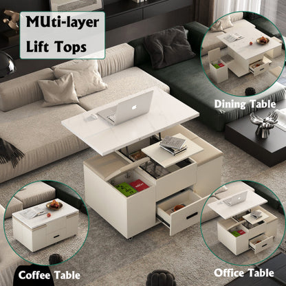 Modern Lift-Up Coffee Table With 4 Stools Set For Living Room Expandable 1 Hidden Storage 2 Drawers Space Saving Folding Dining Table