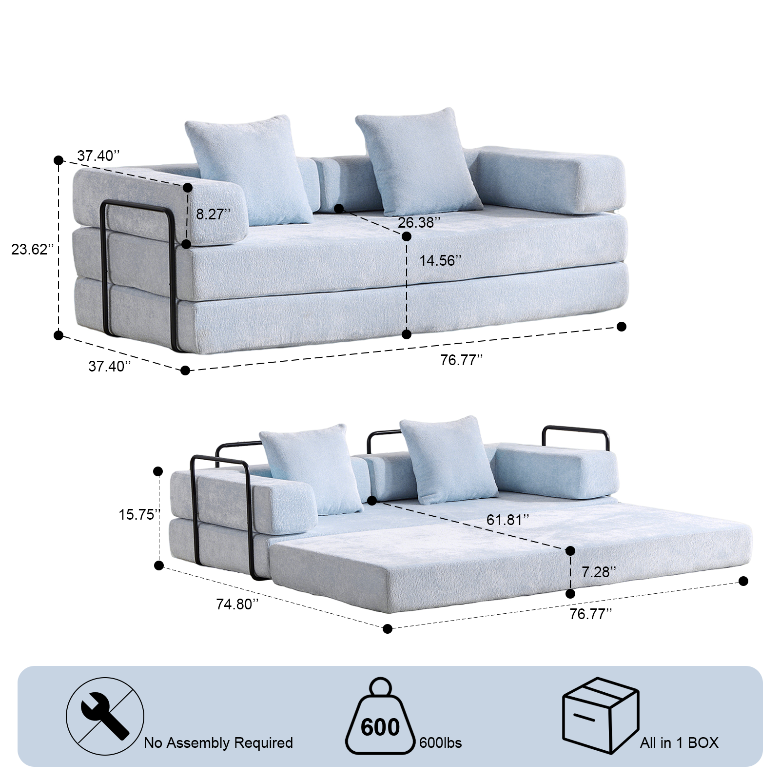 Sofá de Suelo, Sofá con Compresión, Sofá Cama Convertible de Suelo - con Soporte para la Espalda de Almohada y Reposabrazos, Sofá Futón Cómodo para Descanso y Cama para Dormir, Tela de Chenilla, para Sala de Estar y Dormitorio AZUL CLARO