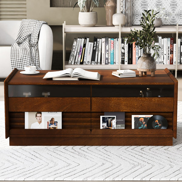 Mesa de Centro Rectangular Moderna U-Can con 4 Cajones y 2 Estanterías de Exhibición, Mesa de Centro de Madera con Estilo Acanalado, Vidrio Templado para la Sala de Estar