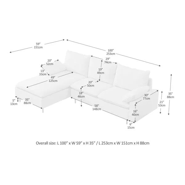Sofá Seccional de Lino en Forma de L con Chaise a la Derecha, sala de estar, dormitorio, oficina.