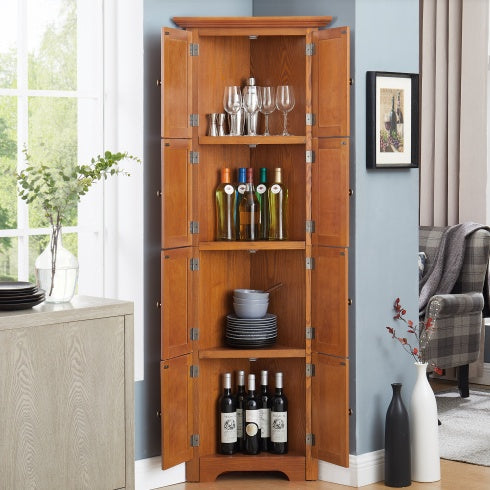 4-stufiger 72-Eck-Küchen-Vorratsschrank mit 8 Türen, hoher Stauraumschrank, Eckschrank und einstellbaren Regalen, Haus-Farmhaus-Bücherschrank für Badezimmer, Wohnzimmer, Küche EICHE