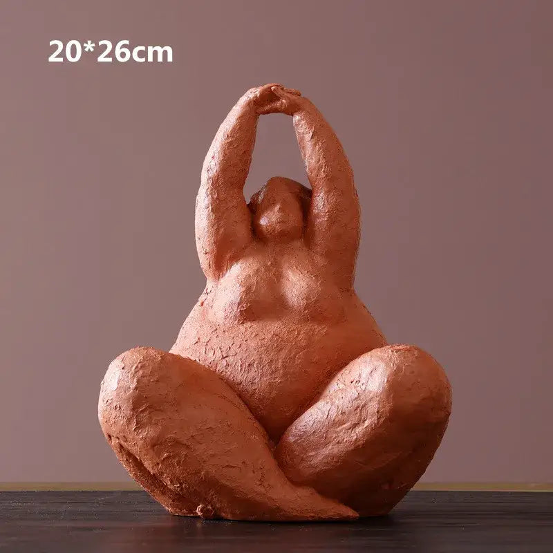 Terracotta textured sculpture of seated dreaming yoga women figure with arms raised for living room decorbites decor