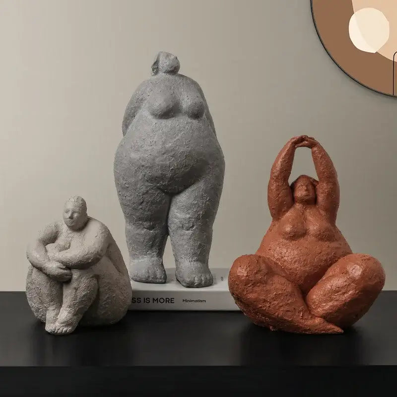 Earthy textured dreaming yoga women figure set with three curvy resin figurines in gray and terracotta for decorbites decorbites dreaming yoga