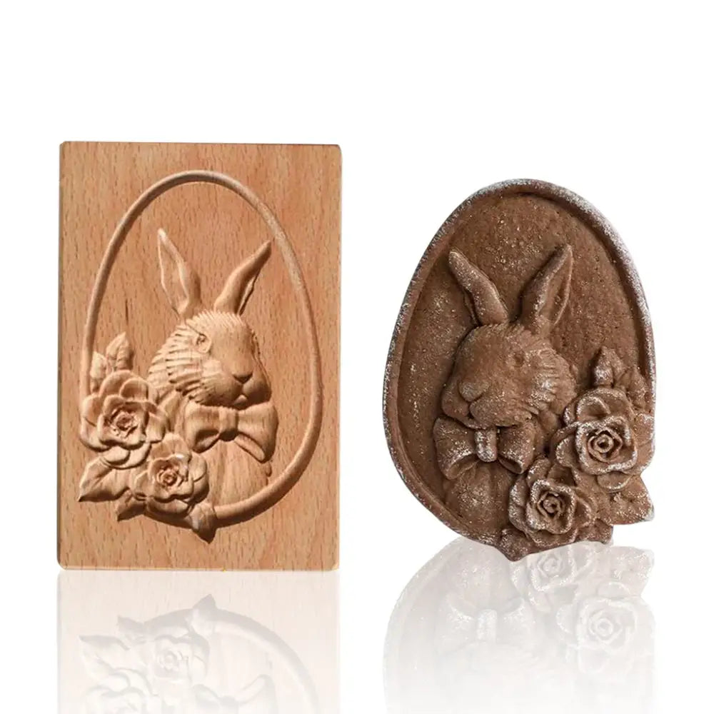 Wooden rabbit and rose embossing mold with chocolate replica for gingerbread cake wooden decorbites gingerbread cake tool