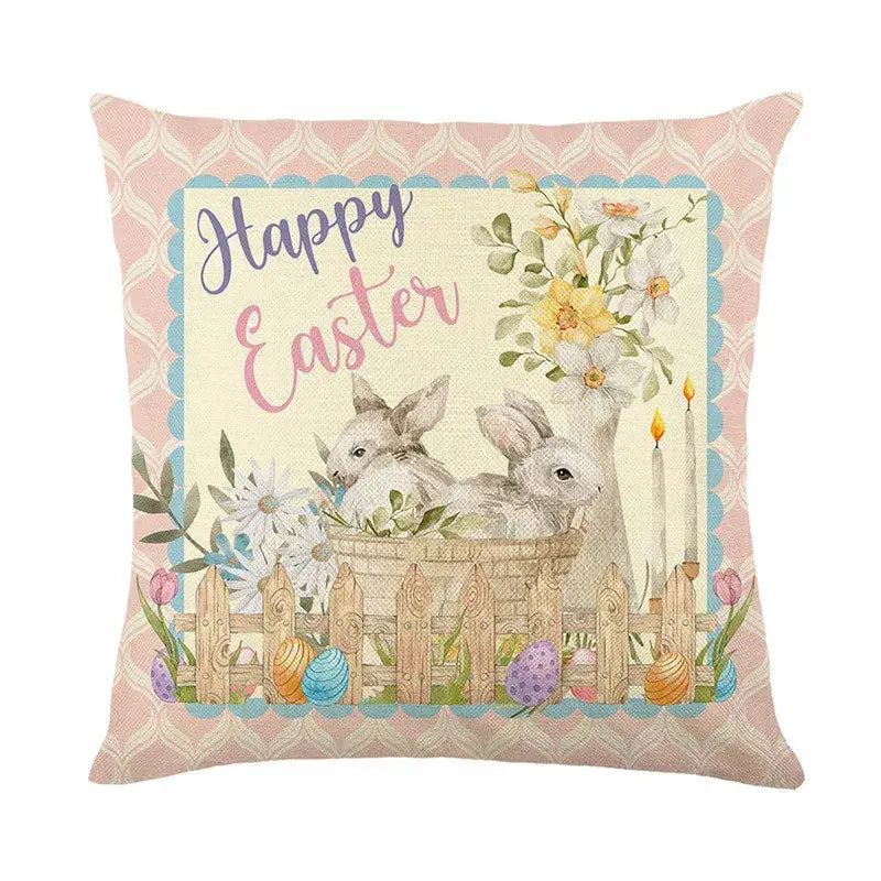 Pastel pink and cream bunny rabbit linen cushion cover with embroidered easter bunny rabbit and floral rustic design