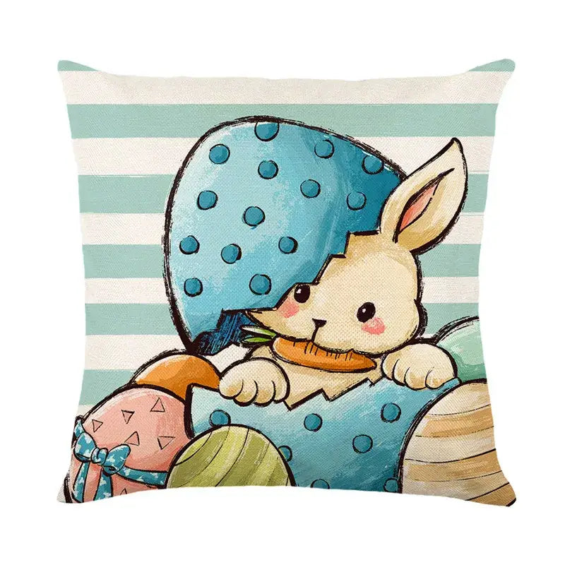 Cute cartoon easter bunny rabbit linen cushion cover with blue polka-dot hat and striped floral background