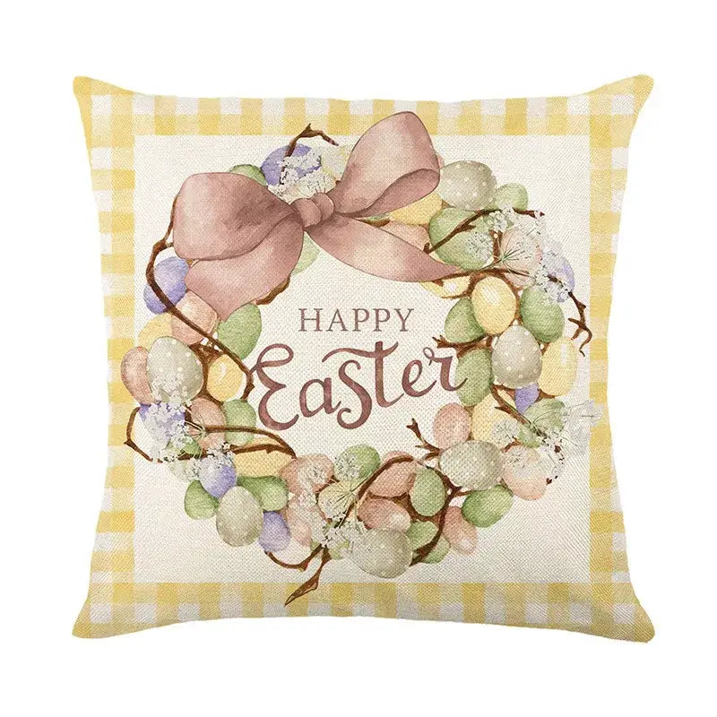Square bunny rabbit linen cushion cover with cheerful easter wreath, pastel eggs, flowers, and gingham border for living room