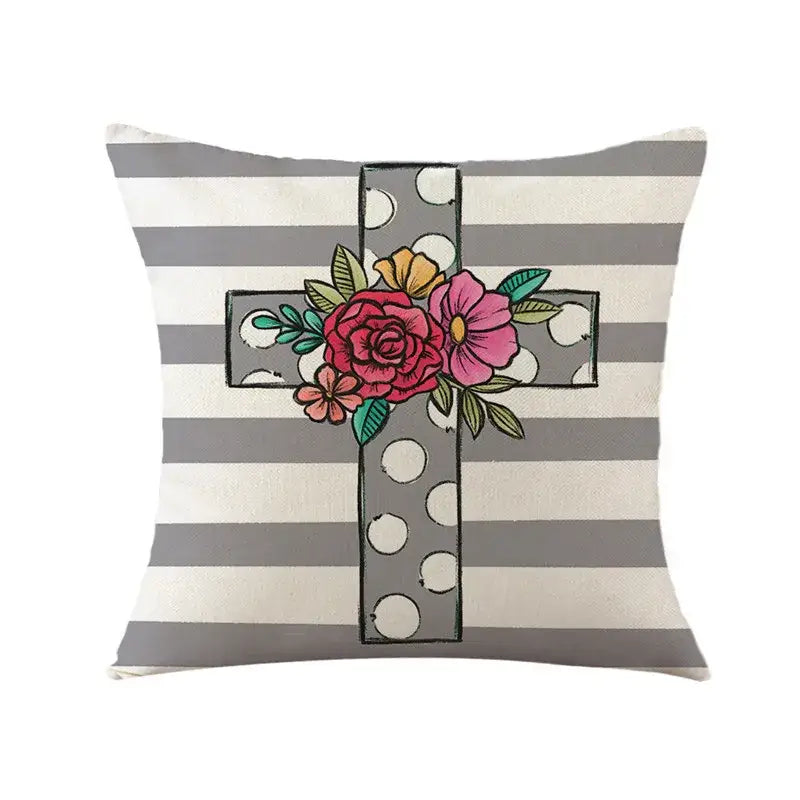 Square bunny rabbit linen cushion cover with gray and white stripes and colorful floral embroidery for living room
