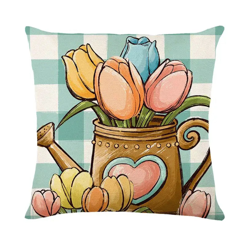 Easter bunny rabbit linen cushion cover featuring colorful tulips in a brown watering can on teal checkered background
