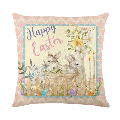 Pastel pink and cream easter bunny rabbit linen cushion cover with embroidered bunnies eggs flowers for living room