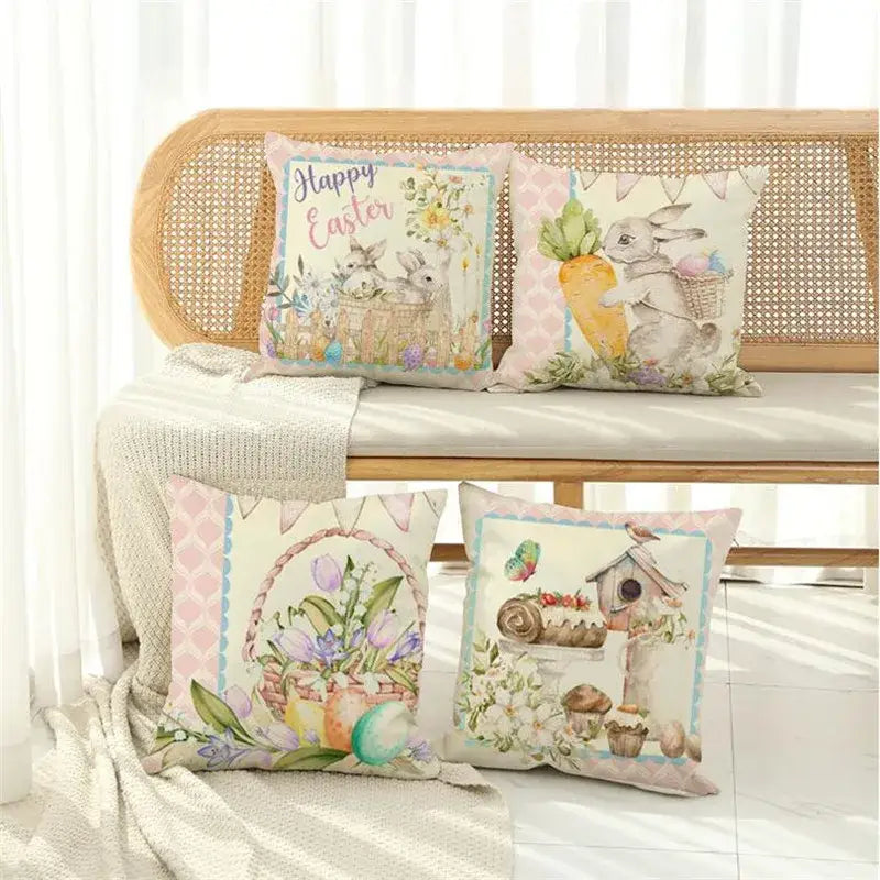 Pastel-colored easter bunny rabbit linen cushion cover with embroidered bunny and floral designs in soft cotton fabric