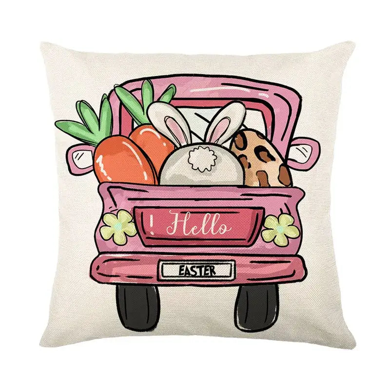 Beige easter bunny rabbit linen cushion cover with pink pickup truck, carrots, bunny ears, and patterned eggs design
