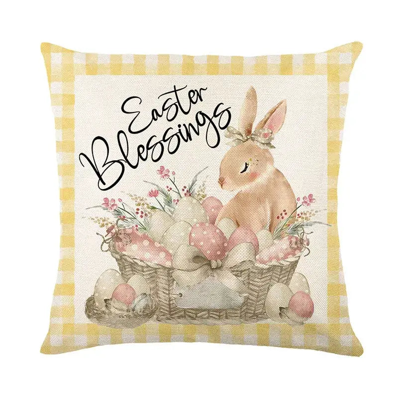 Square throw cushion cover with yellow white gingham border featuring easter bunny rabbit linen illustration and baskets