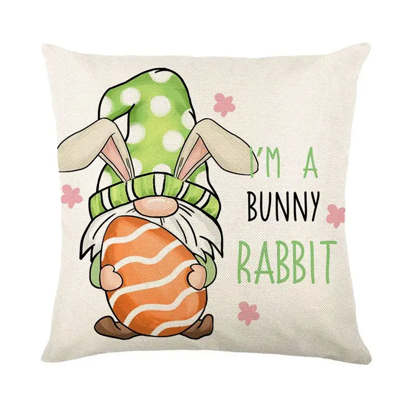 Beige linen cushion cover featuring a cartoon easter bunny rabbit with bunny ears and floral design for living room use