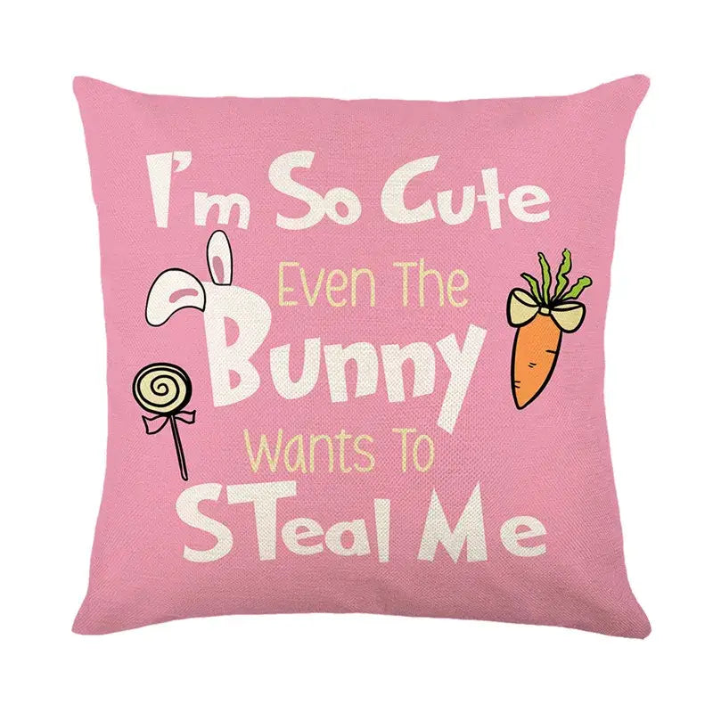 Pink bunny rabbit linen cushion cover with playful easter bunny rabbit design and cute text for living room decor