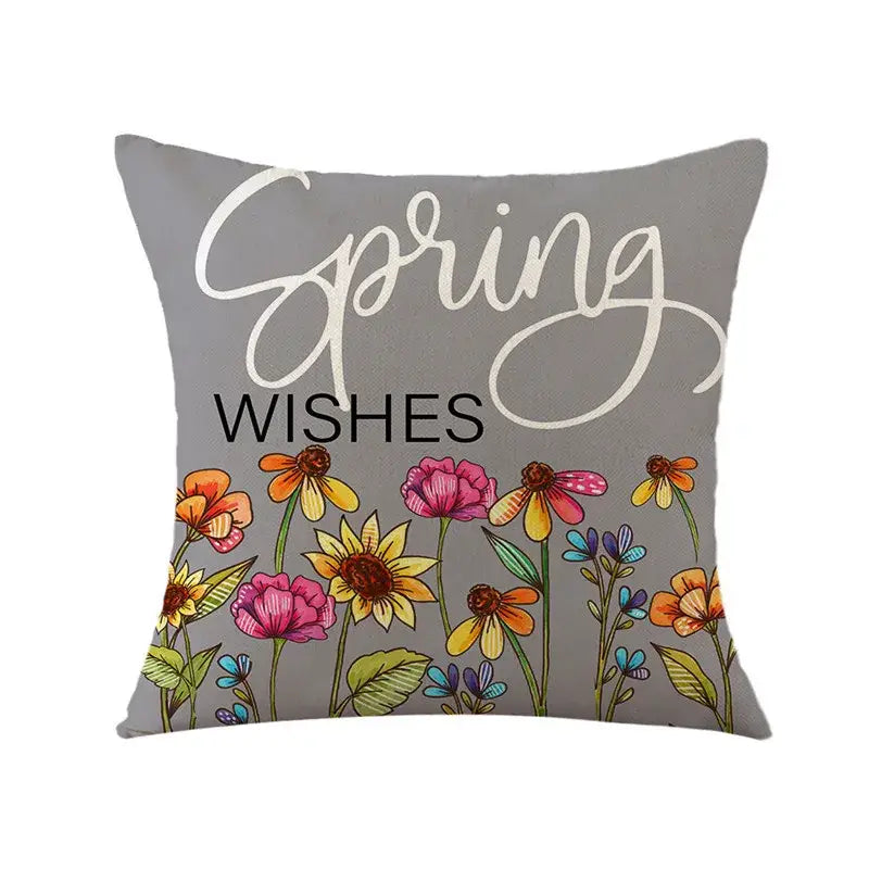 Gray square bunny rabbit linen cushion cover with colorful floral design and spring wishes text for living room decor