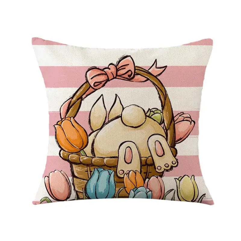 Cute beige bunny nestled in woven basket with pink ribbon and colorful tulips on striped cushion cover for living room