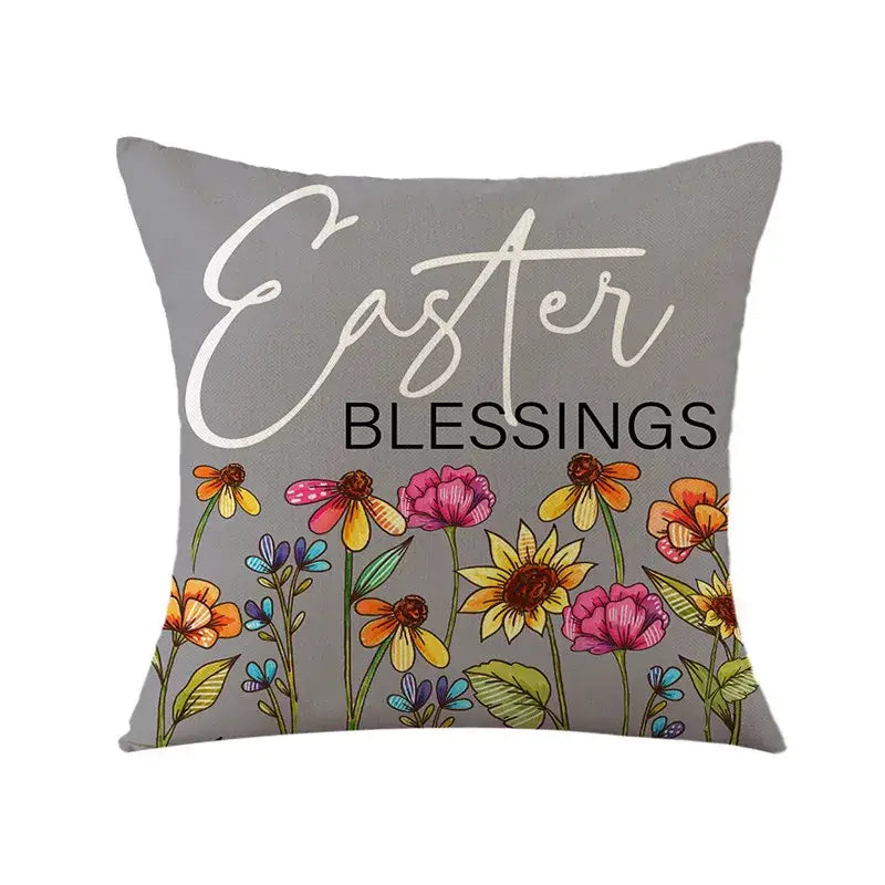 Gray bunny rabbit linen cushion cover with easter blessings text and colorful floral design for living room decor