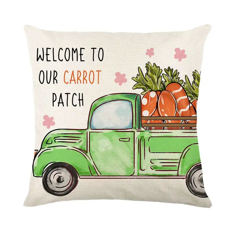 Cream-colored linen cushion cover featuring a watercolor vintage truck with carrots and flowers for easter bunny rabbit decor