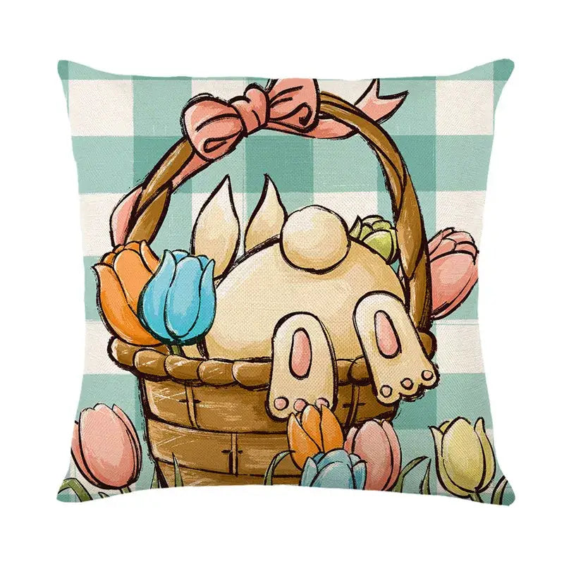 Cute beige easter bunny rabbit linen cushion cover with pink ears peeking from basket on teal checkered pillow