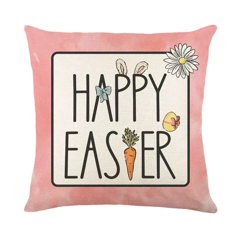 Pink easter bunny rabbit linen cushion cover with white panel happy easter text and floral carrot egg accents