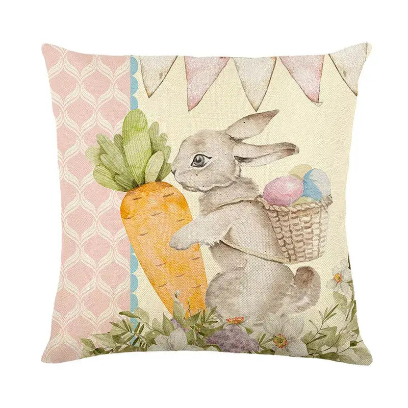 Pastel-colored easter bunny rabbit linen cushion cover with gray bunny and carrot on soft pink cream background