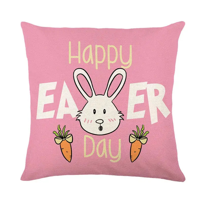 Pink easter bunny rabbit linen cushion cover with white cartoon bunny and carrots for living room decor