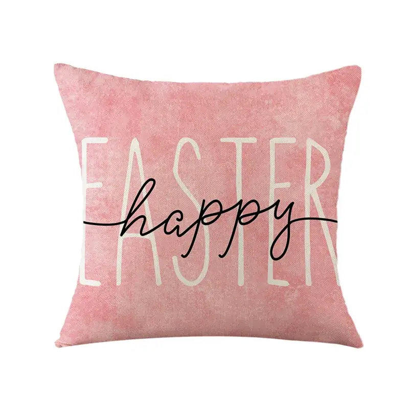 Pink textured cushion cover with easter bunny rabbit linen featuring happy in black cursive and easter in white block letters