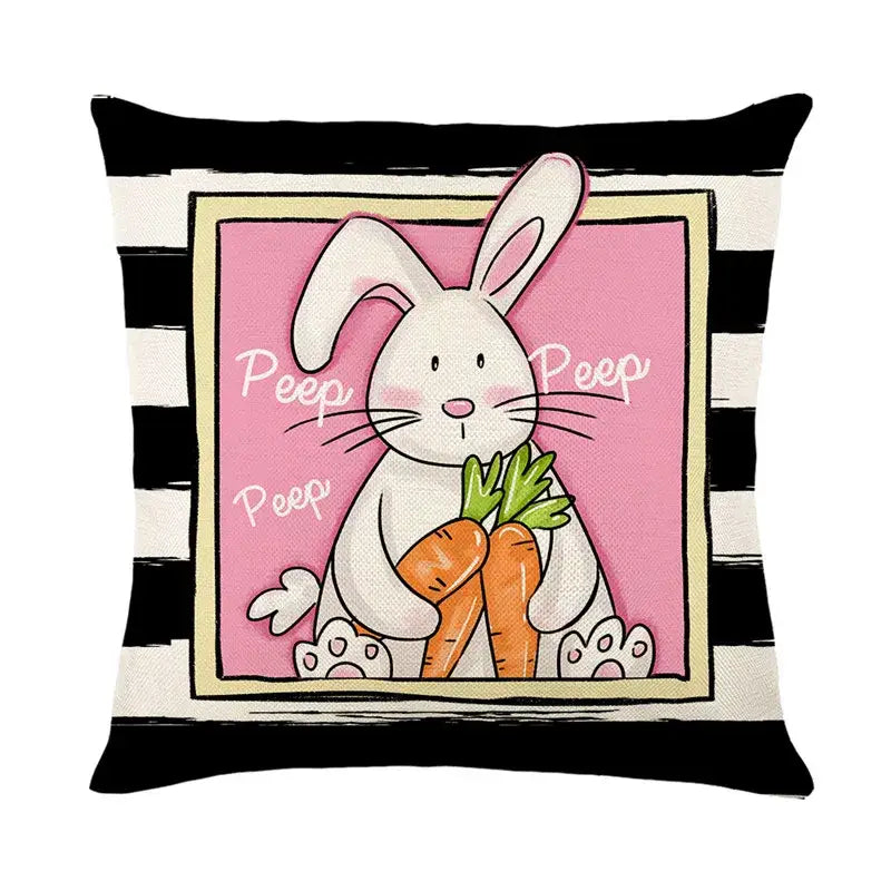 Square throw pillow cushion cover with easter bunny rabbit holding carrots on pink bunny rabbit linen background