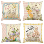Pastel-colored easter bunny rabbit linen cushion cover with floral baskets, bunnies, carrots, and eggs in soft pink tones