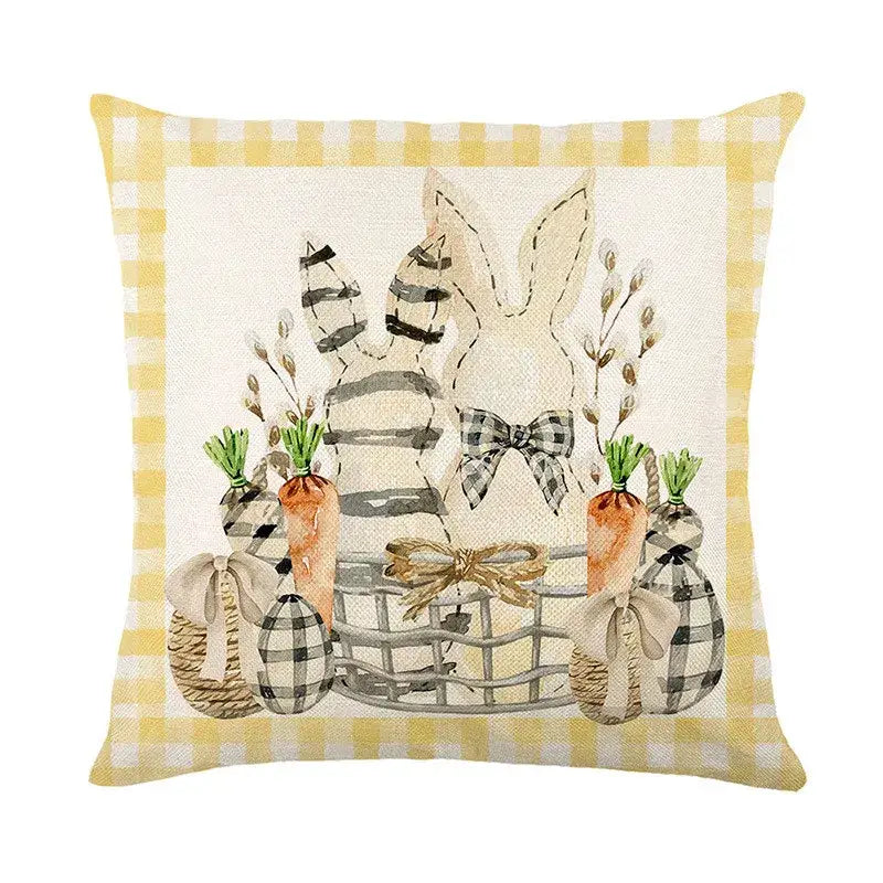 Yellow and white checkered bunny rabbit linen cushion cover with easter bunny rabbit surrounded by carrots and eggs in basket