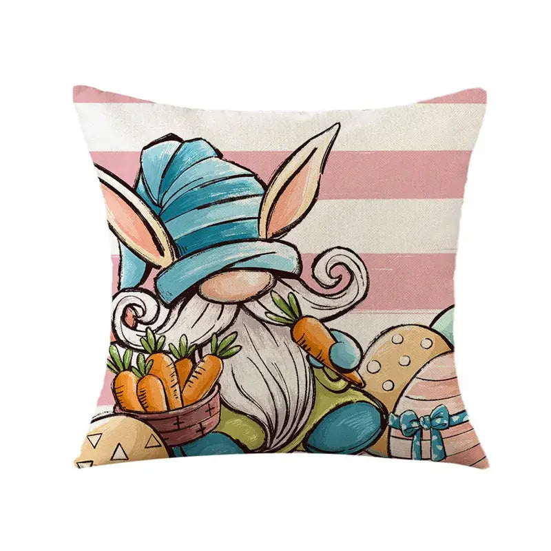 Pastel pink and cream striped easter bunny rabbit linen cushion cover with cartoon gnome holding carrots and eggs