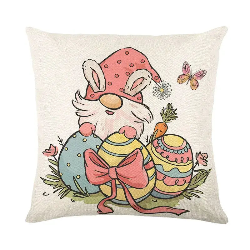 Beige linen cushion cover featuring a whimsical easter bunny rabbit with flowers butterflies and colorful eggs