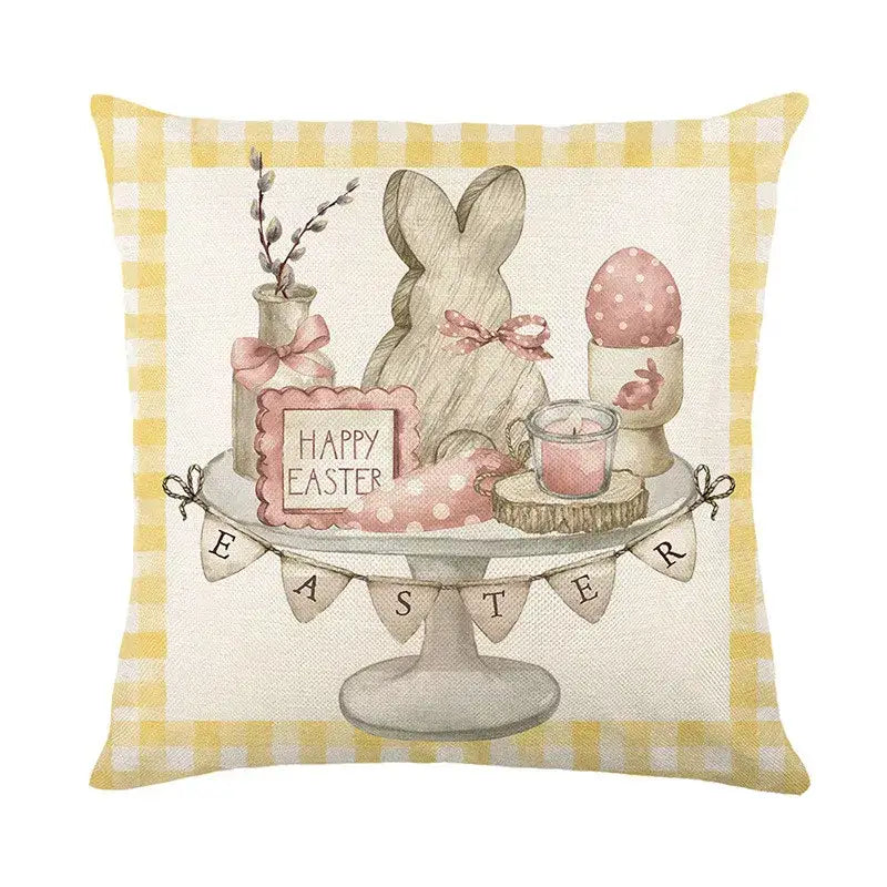 Easter bunny rabbit linen cushion cover with beige bunny pink polka dot egg and happy easter banner on gingham border