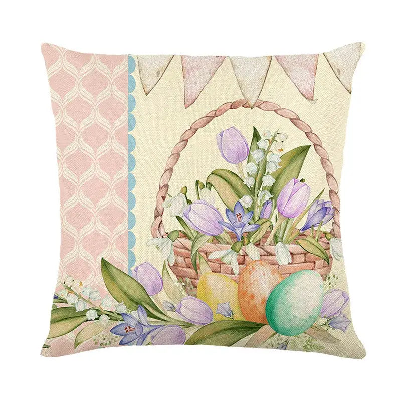Pastel-colored easter bunny rabbit linen cushion cover with woven basket of purple tulips lily of the valley and eggs