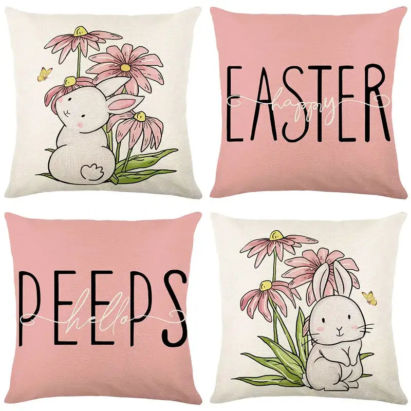 Set of four easter bunny rabbit linen cushion covers with cute bunnies pink flowers and black lettering on pastel backgrounds