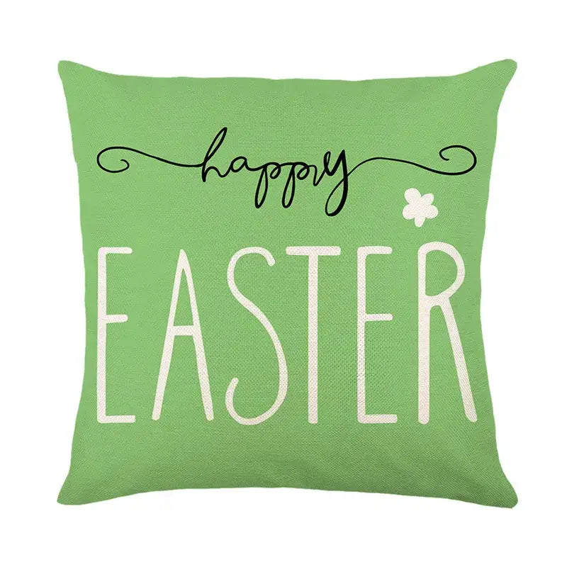 A light green bunny rabbit linen cushion cover with happy easter text and a white shamrock accent for living room