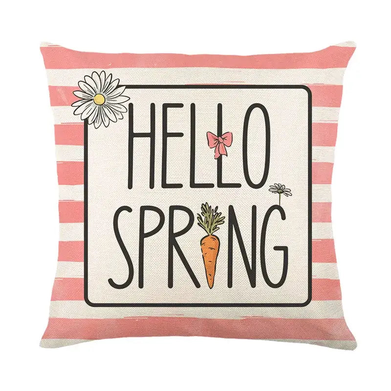Pink and white striped easter bunny rabbit linen cushion cover with hello spring design featuring daisy carrot and bow