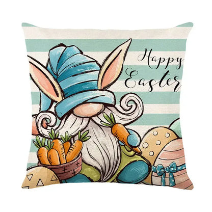 Easter bunny rabbit linen cushion cover featuring a whimsical gnome with bunny ears and decorated eggs on stripes