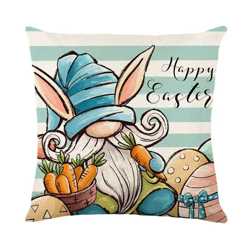 Easter bunny rabbit linen cushion cover featuring a whimsical gnome with bunny ears and decorated eggs on stripes