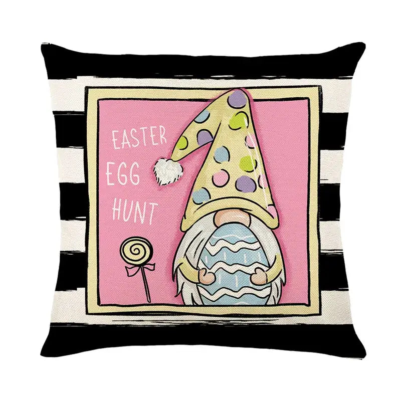 Square bunny rabbit linen cushion cover with black and white striped border easter bunny rabbit design