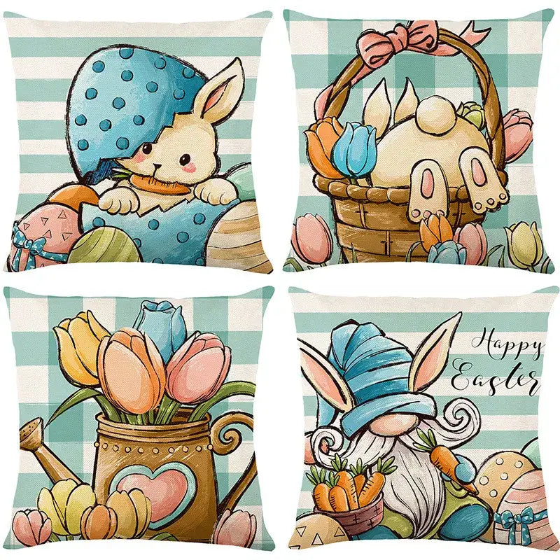 Set of four easter bunny rabbit linen cushion covers with cartoon bunnies and tulips on light blue checkered background