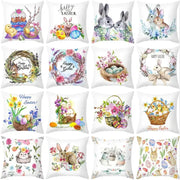 A collection of white easter rabbit and eggs pillowcases with colorful bunny and floral illustrations for home decor