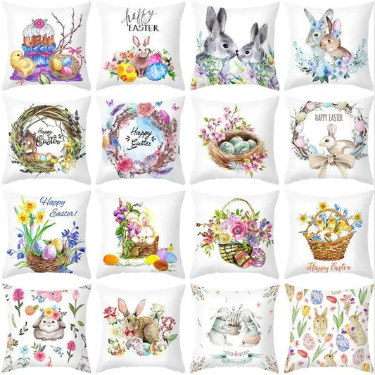 A collection of white easter rabbit and eggs pillowcases with colorful bunny and floral illustrations for home decor
