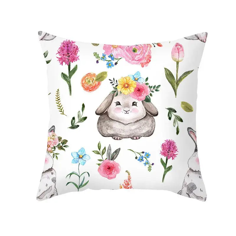 A soft white eggs pillowcase featuring an easter rabbit with a colorful floral crown for home decor