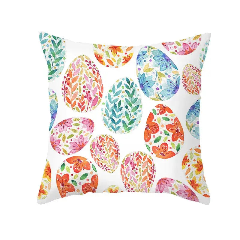 Square cushion with vibrant easter rabbit and eggs pillowcase featuring colorful floral home decor pattern on white background