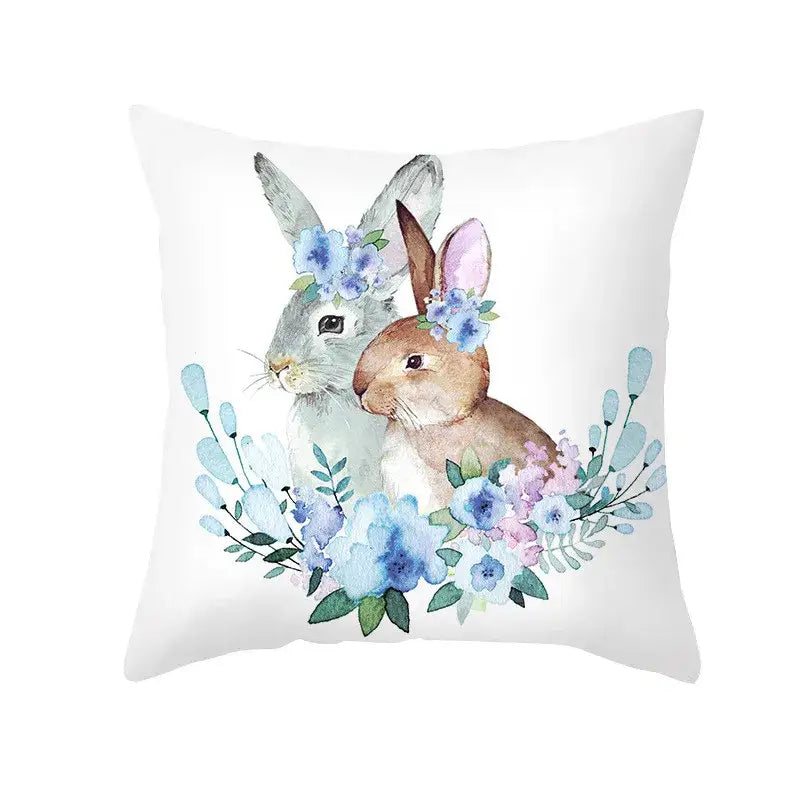 White throw pillow with watercolor easter rabbit and floral wreaths eggs pillowcase for home decor living room